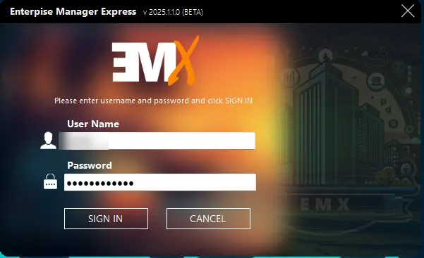 Enterprise Manager Express: the EMX operator tool — a per-customer database inventory with schema-update and model-push actions across the RMX and ORP estates (1 of 2).