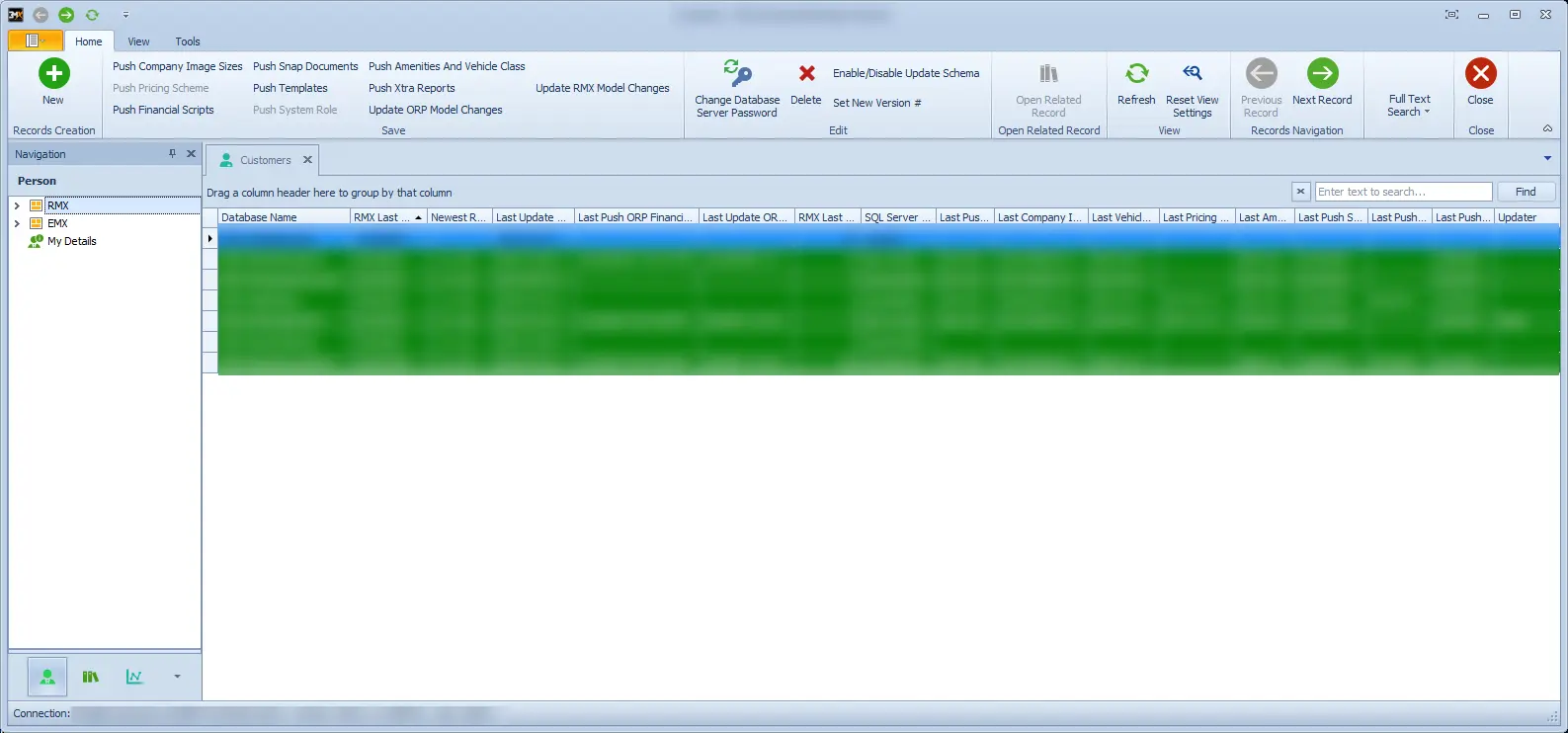 Enterprise Manager Express: the EMX operator tool — a per-customer database inventory with schema-update and model-push actions across the RMX and ORP estates (2 of 2).