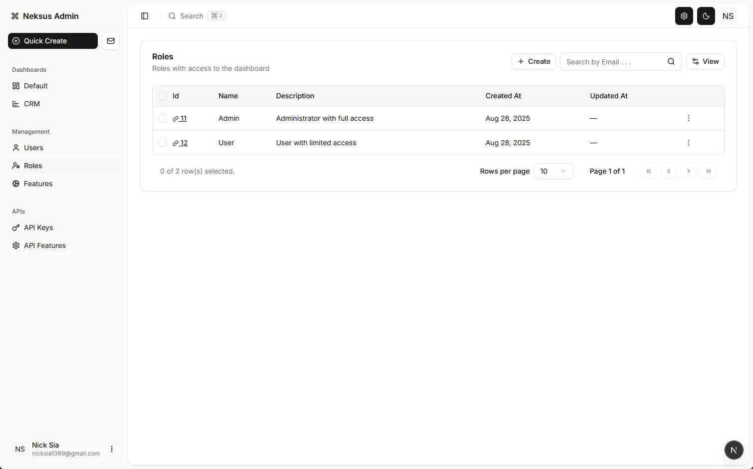 Neksus Admin: the Neksus admin console — users, roles, features, API keys and CRM dashboards (1 of 7).