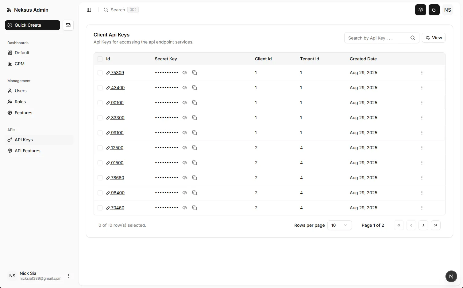 Neksus Admin: the Neksus admin console — users, roles, features, API keys and CRM dashboards (3 of 7).