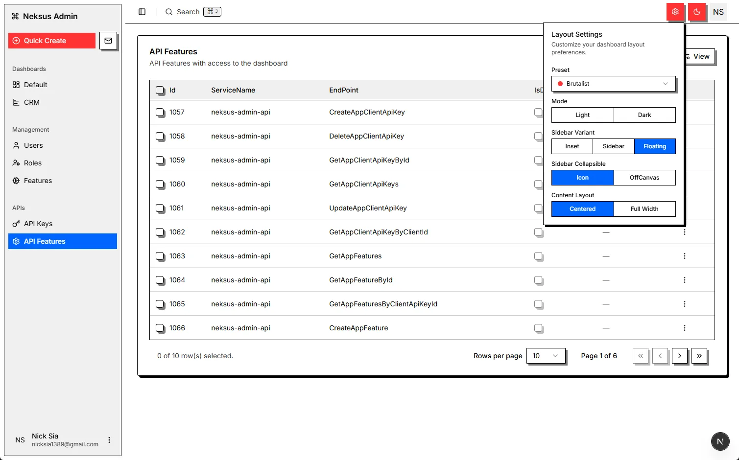 Neksus Admin: the Neksus admin console — users, roles, features, API keys and CRM dashboards (7 of 7).