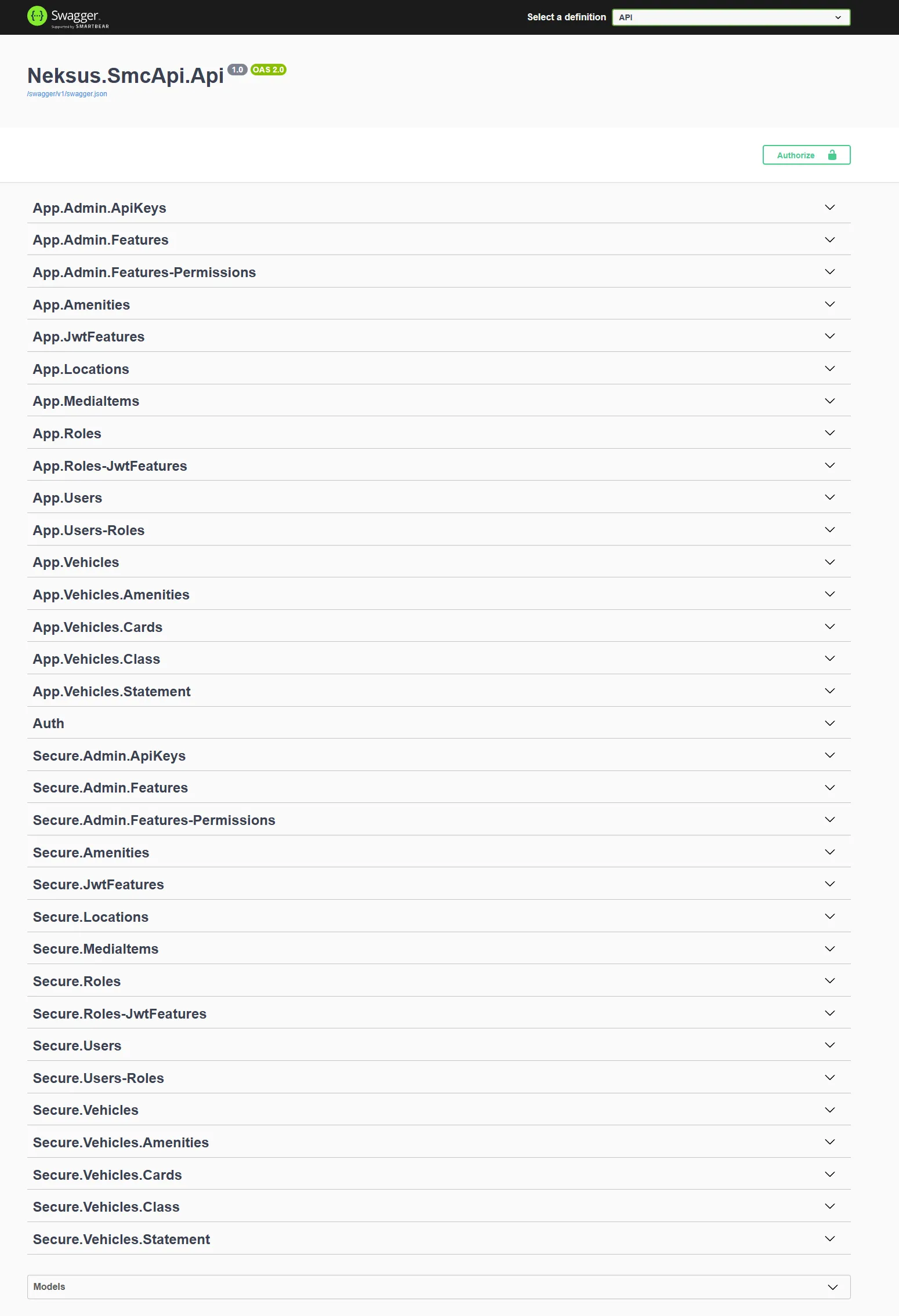 Neksus API: the Swagger surface of Neksus.SmcApi.Api — paired public and secured endpoint groups for vehicles, locations, roles and JWT features.