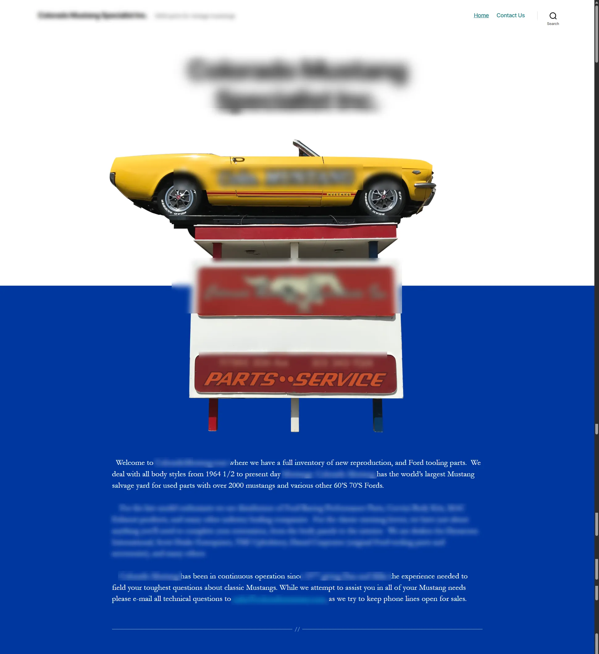 Online Mustang Car Parts: a classic Mustang parts and service storefront — catalogue and enquiry pages (1 of 2).