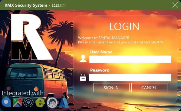 Rental Manager Express: the RMX rental desktop application — agreement search, availability, calendar, reports and the assigned-email queue (1 of 6).