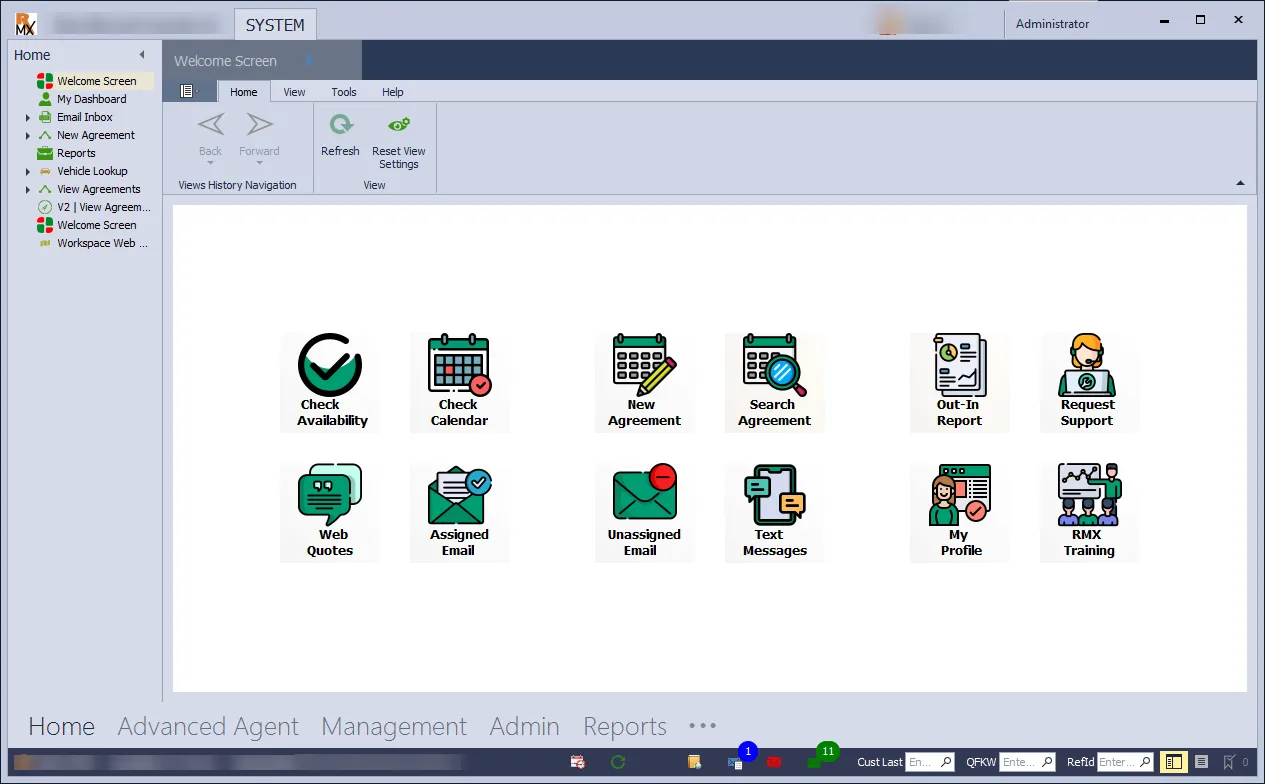 Rental Manager Express: the RMX rental desktop application — agreement search, availability, calendar, reports and the assigned-email queue (3 of 6).