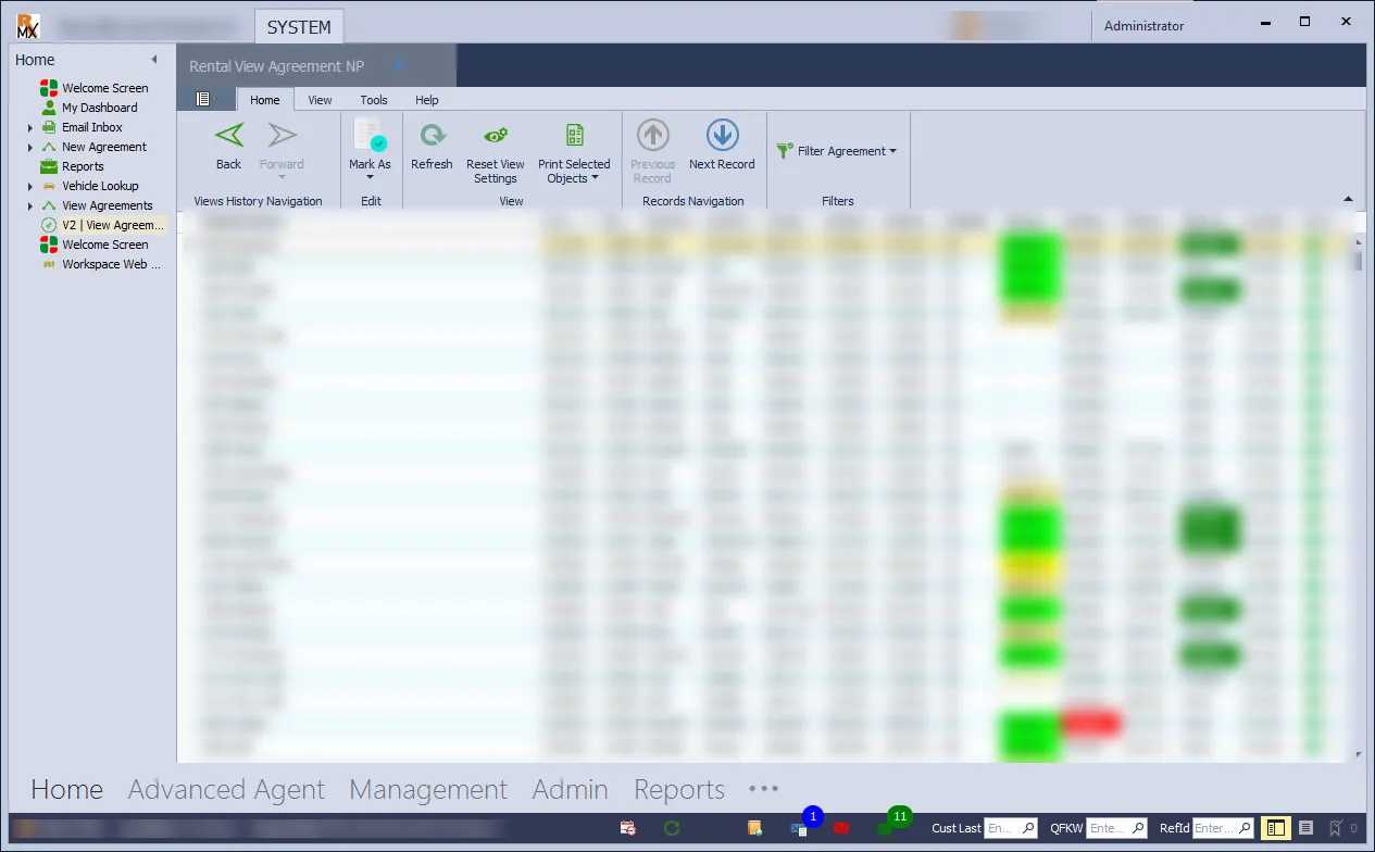Rental Manager Express: the RMX rental desktop application — agreement search, availability, calendar, reports and the assigned-email queue (4 of 6).
