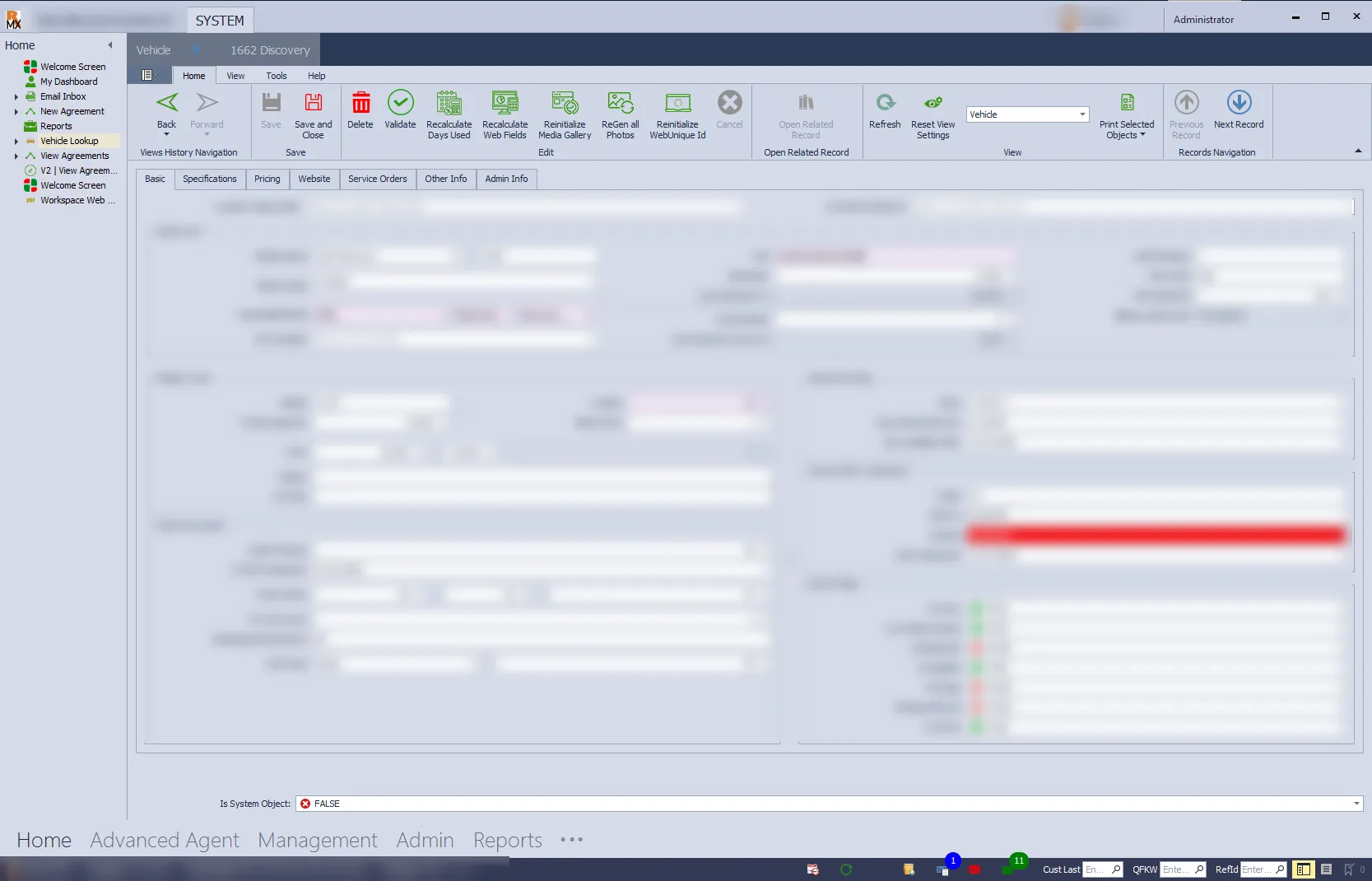 Rental Manager Express: the RMX rental desktop application — agreement search, availability, calendar, reports and the assigned-email queue (5 of 6).