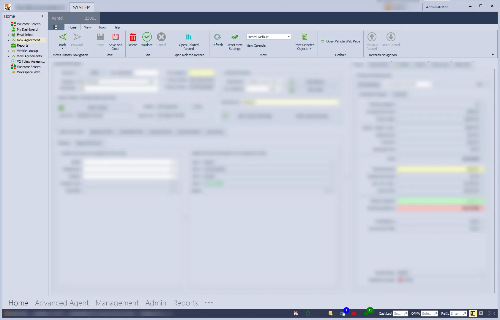 Rental Manager Express: the RMX rental desktop application — agreement search, availability, calendar, reports and the assigned-email queue (6 of 6).