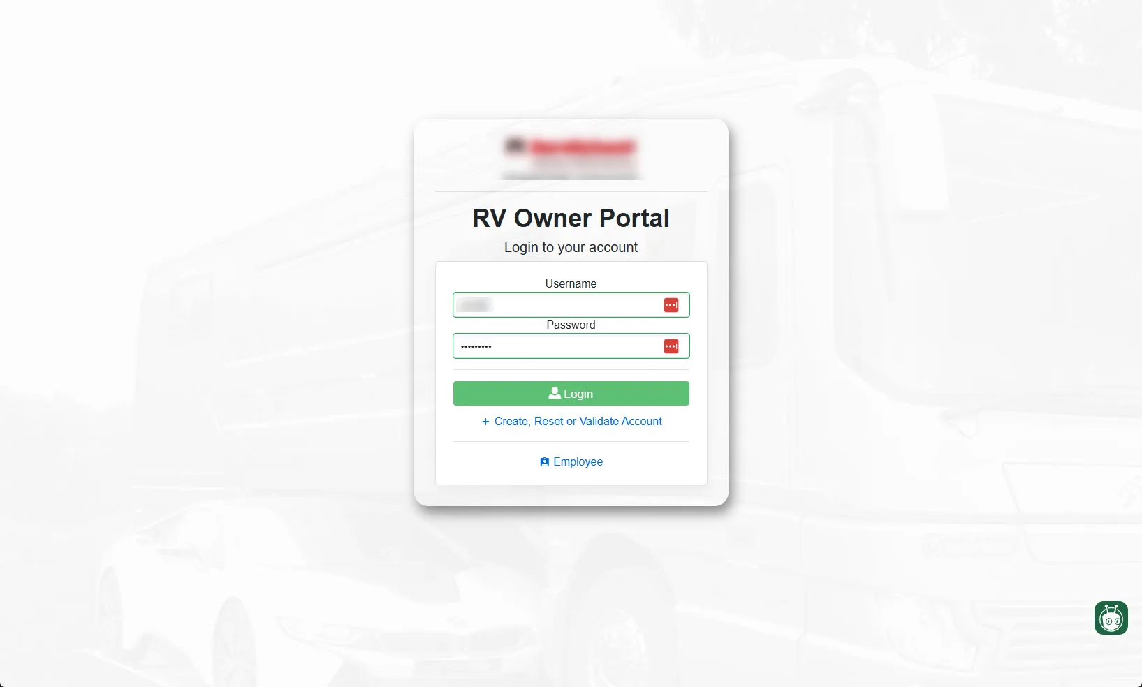 RV Owner Portal: the RV owner portal — account login and owner-facing vehicle screens (1 of 5).