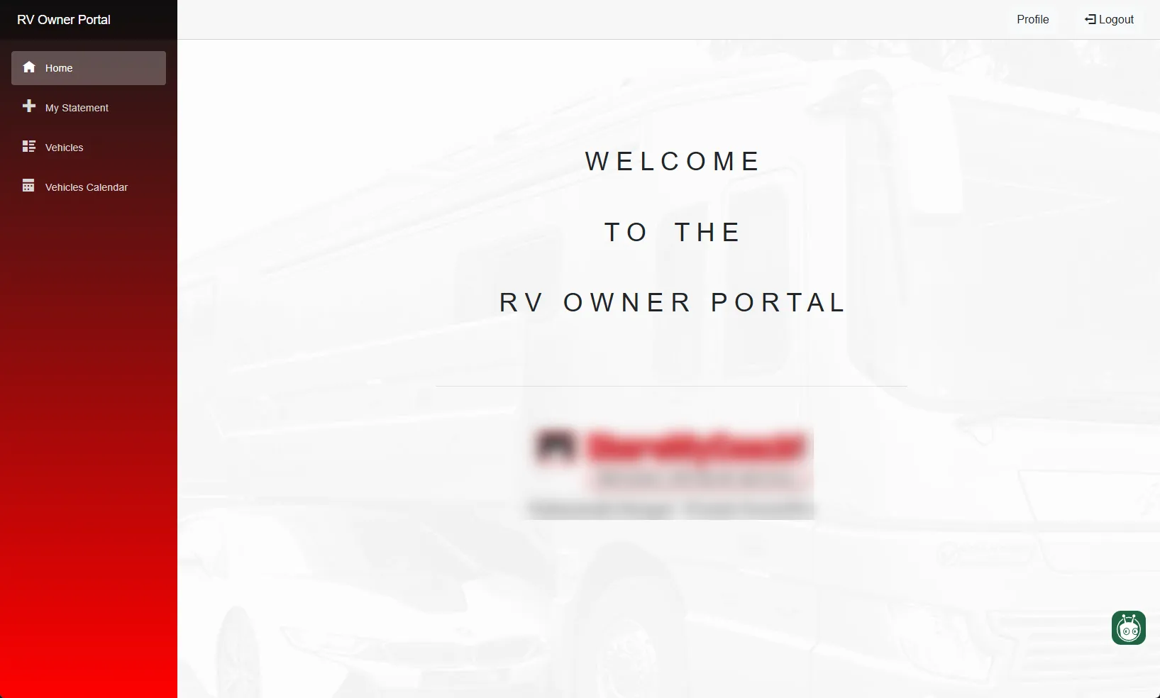 RV Owner Portal: the RV owner portal — account login and owner-facing vehicle screens (2 of 5).