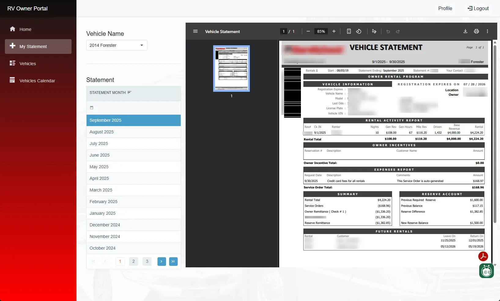 RV Owner Portal: the RV owner portal — account login and owner-facing vehicle screens (3 of 5).