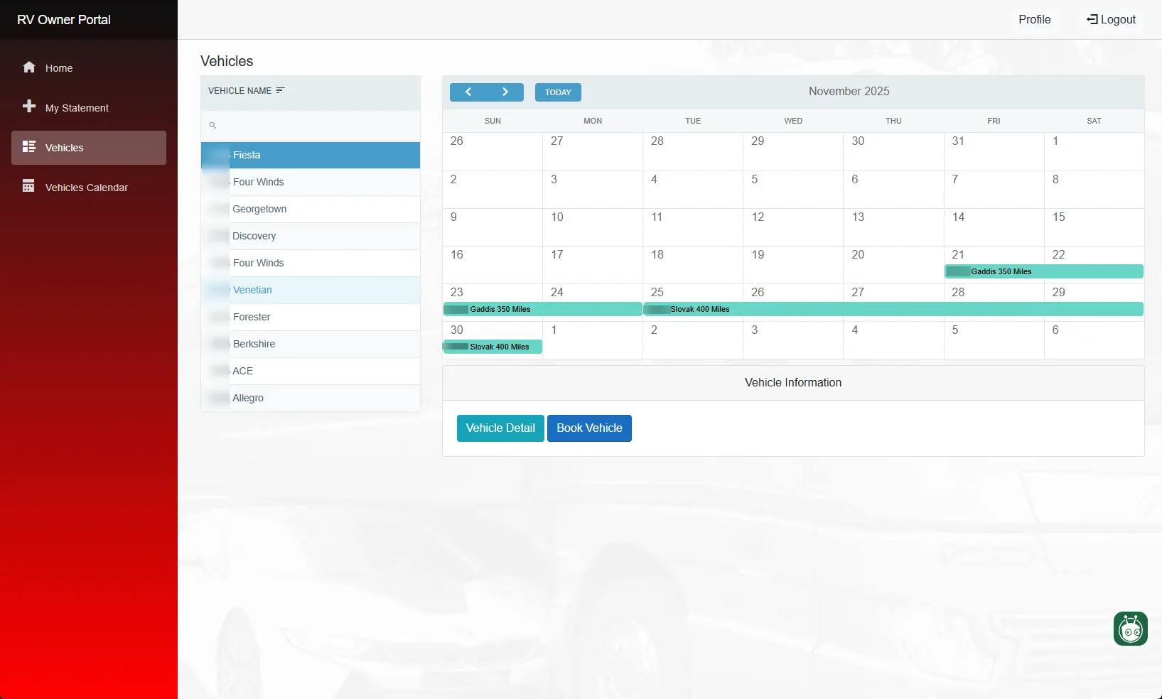 RV Owner Portal: the RV owner portal — account login and owner-facing vehicle screens (4 of 5).