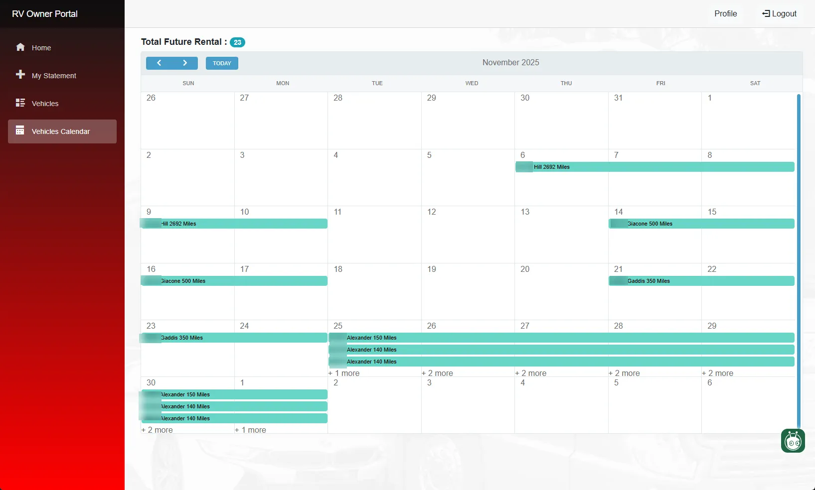 RV Owner Portal: the RV owner portal — account login and owner-facing vehicle screens (5 of 5).