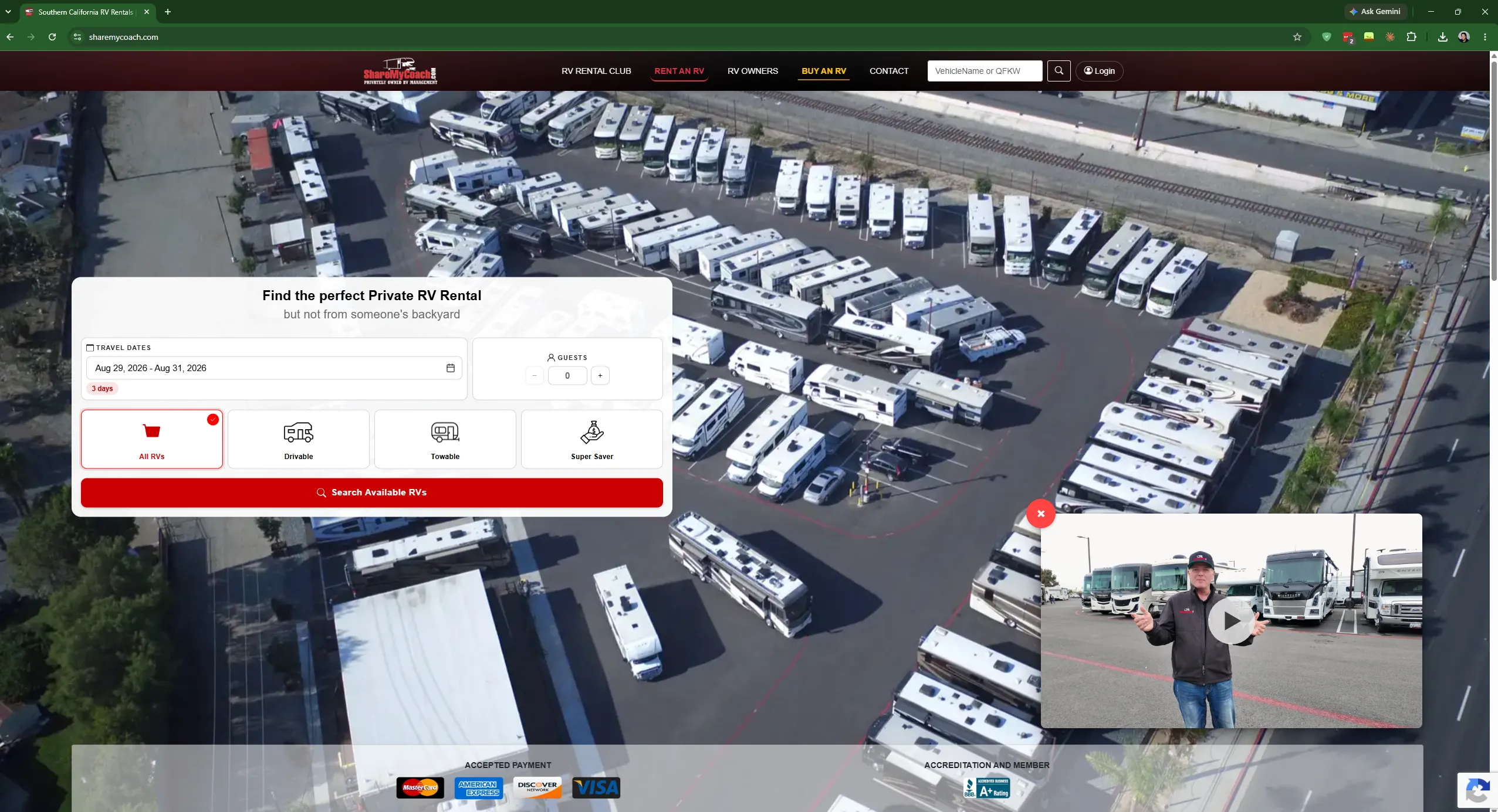 ShareMyCoach: the public ShareMyCoach RV rental site — availability search, vehicle listings and booking flow (1 of 9).