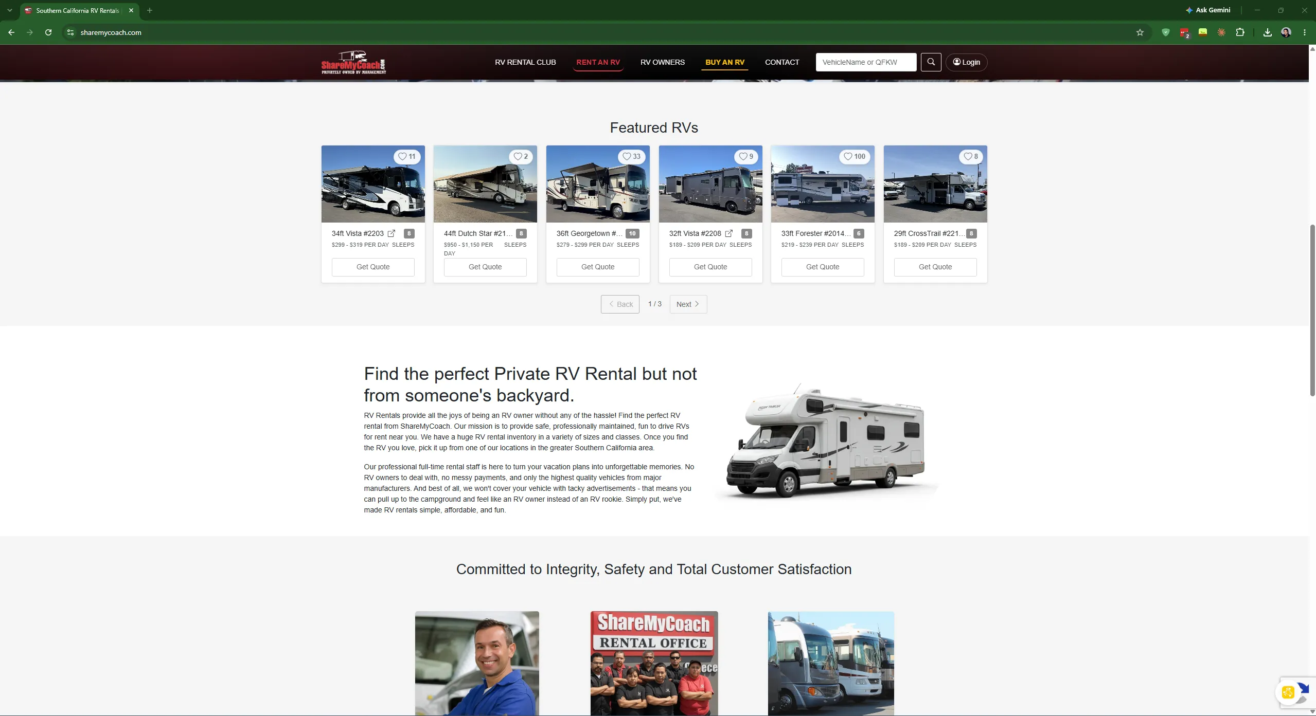 ShareMyCoach: the public ShareMyCoach RV rental site — availability search, vehicle listings and booking flow (2 of 9).