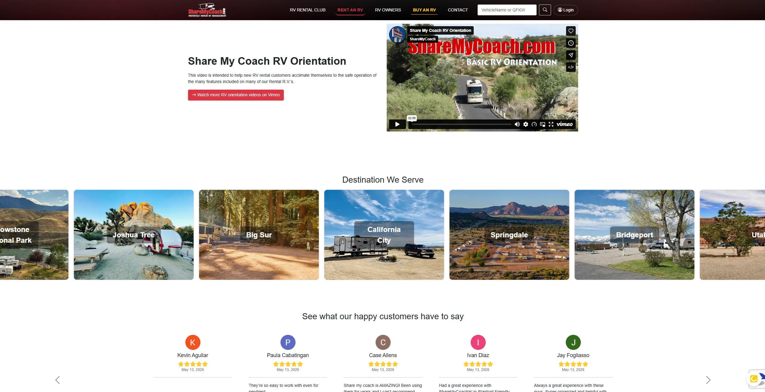 ShareMyCoach: the public ShareMyCoach RV rental site — availability search, vehicle listings and booking flow (3 of 9).