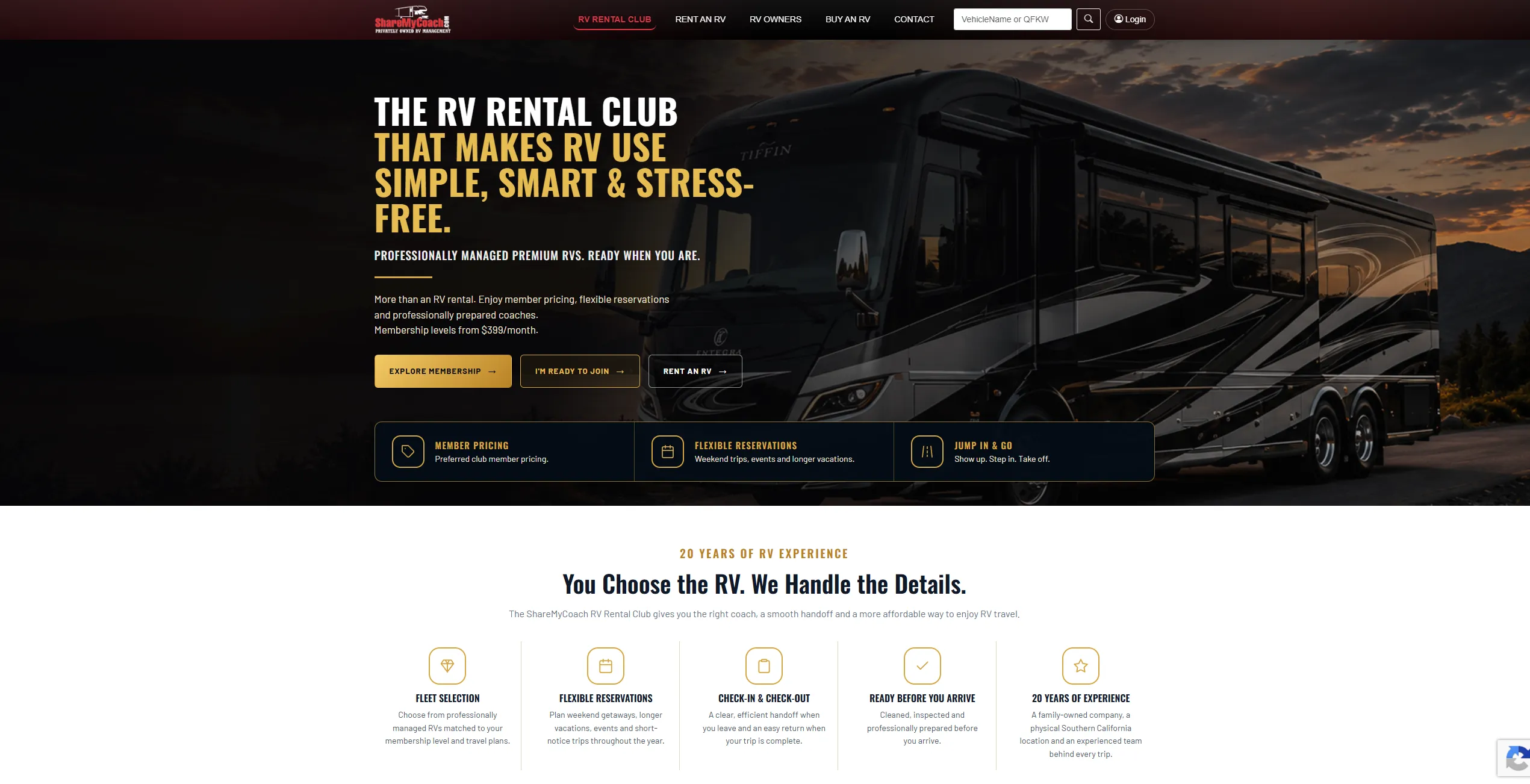 ShareMyCoach: the public ShareMyCoach RV rental site — availability search, vehicle listings and booking flow (4 of 9).