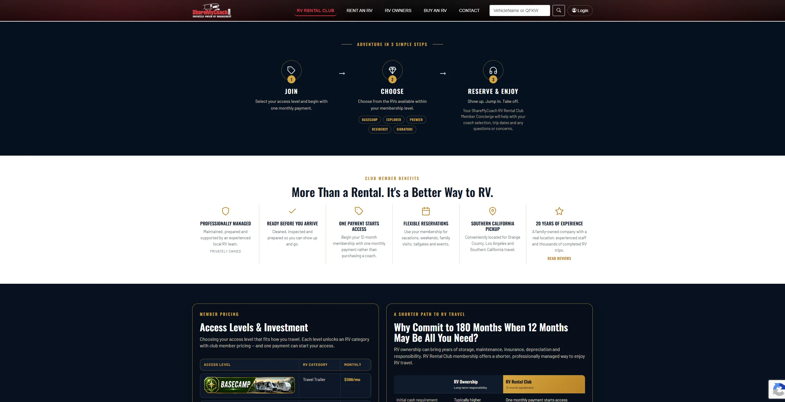 ShareMyCoach: the public ShareMyCoach RV rental site — availability search, vehicle listings and booking flow (5 of 9).