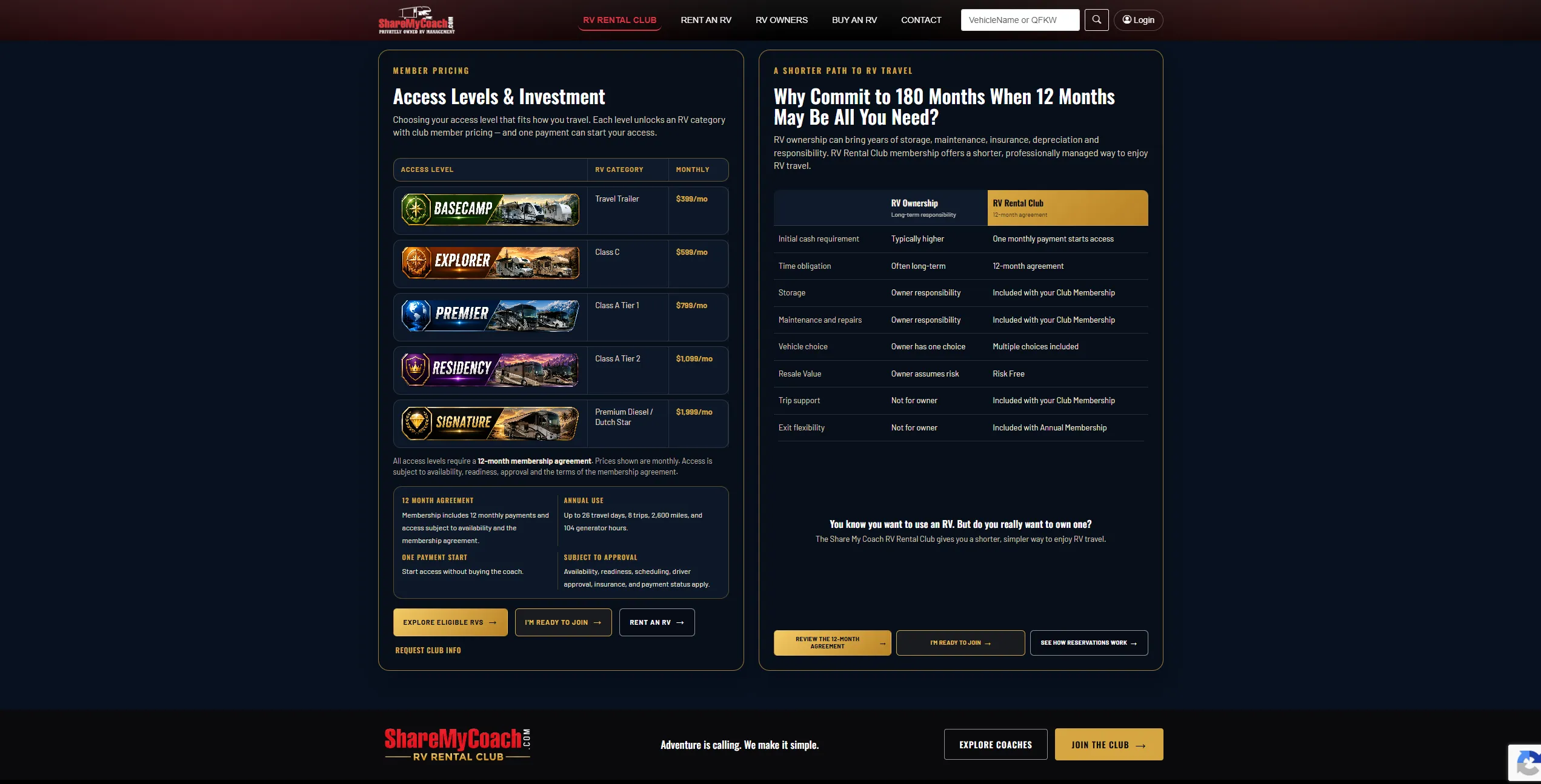 ShareMyCoach: the public ShareMyCoach RV rental site — availability search, vehicle listings and booking flow (6 of 9).