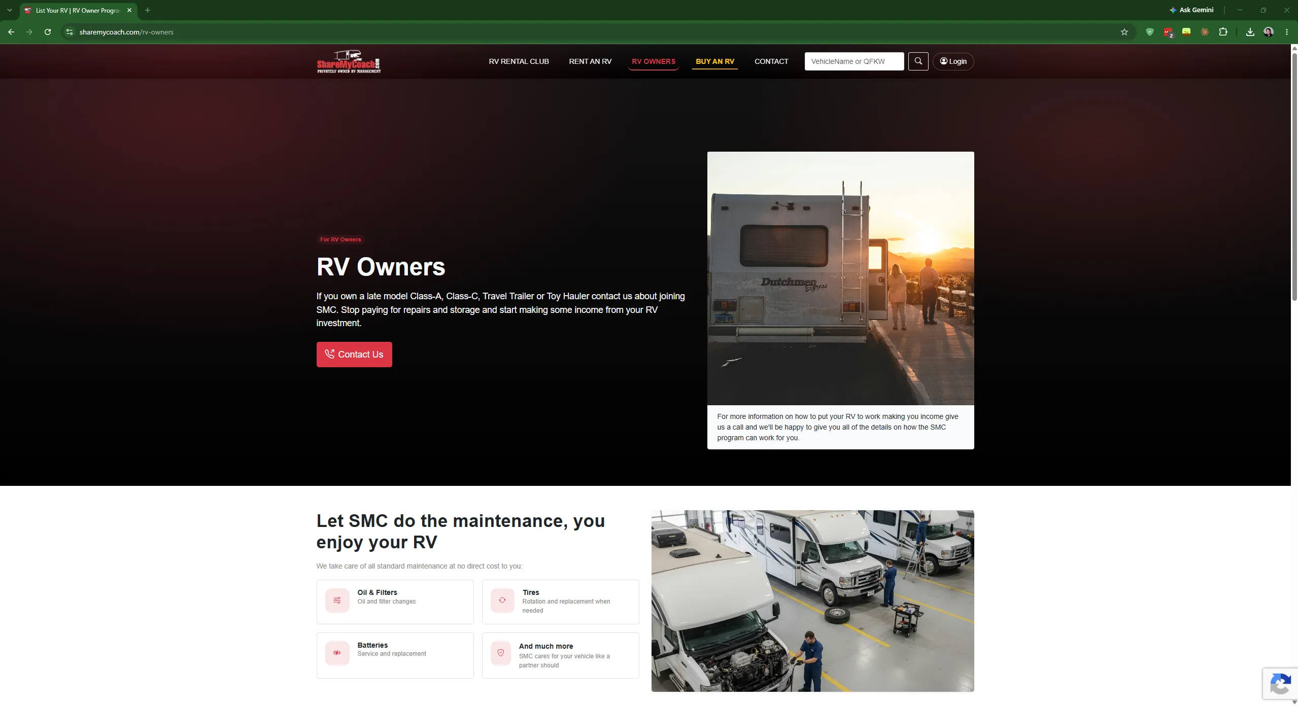 ShareMyCoach: the public ShareMyCoach RV rental site — availability search, vehicle listings and booking flow (7 of 9).
