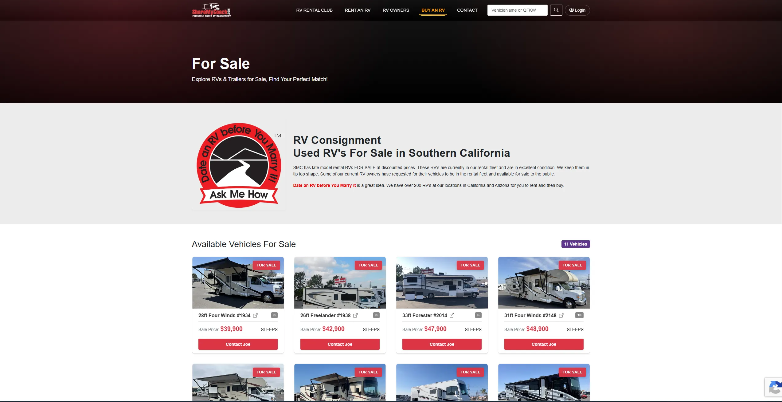 ShareMyCoach: the public ShareMyCoach RV rental site — availability search, vehicle listings and booking flow (8 of 9).