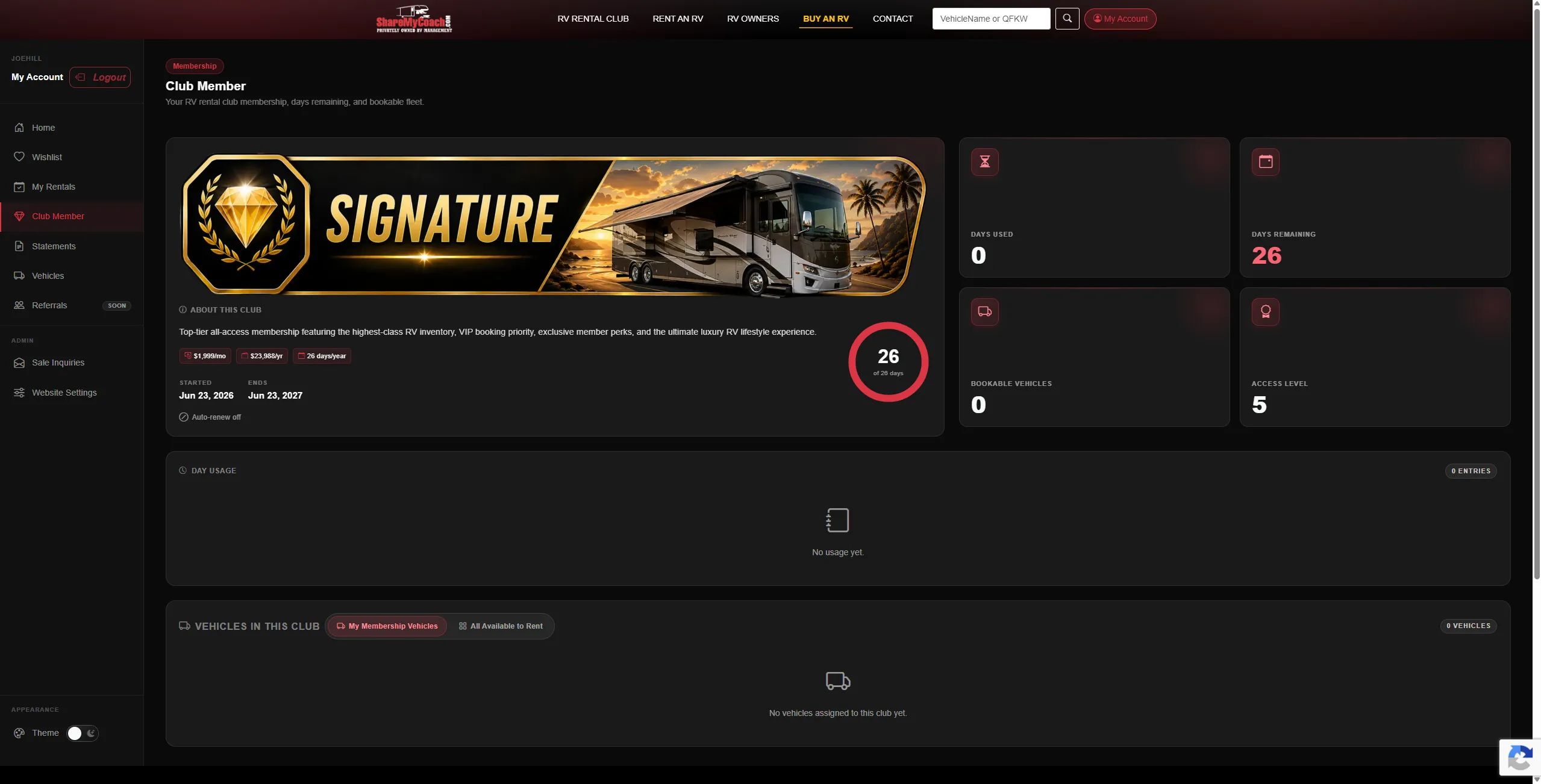 ShareMyCoach Owner Portal: the ShareMyCoach owner dashboard — vehicle activation, rental calendar, statements and website settings (4 of 9).