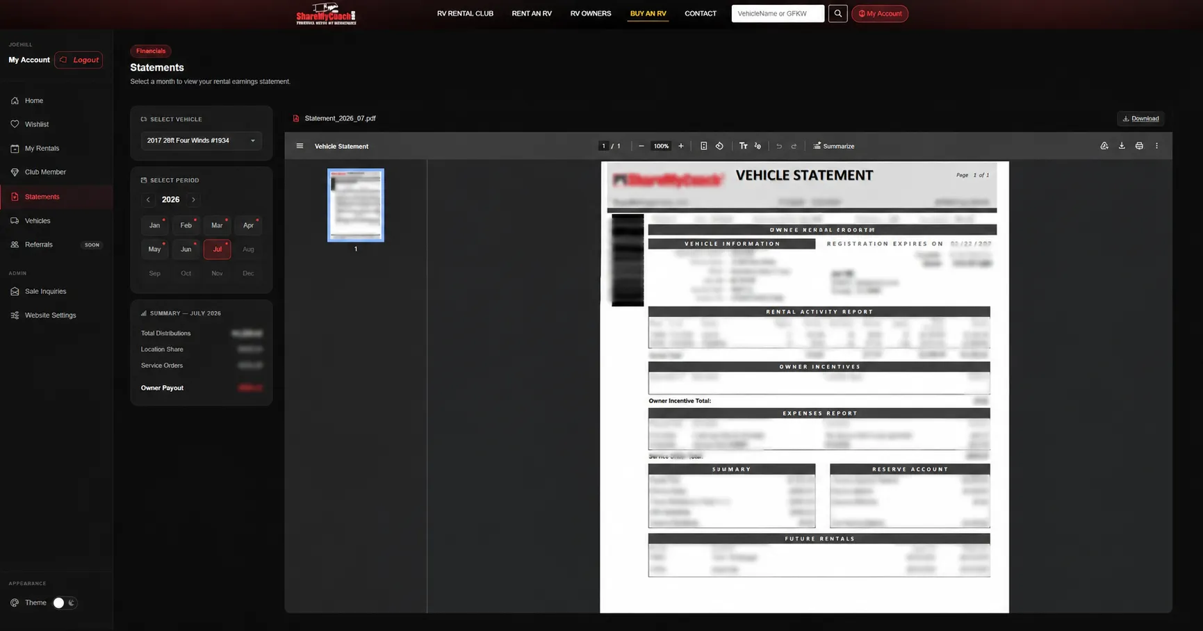 ShareMyCoach Owner Portal: the ShareMyCoach owner dashboard — vehicle activation, rental calendar, statements and website settings (5 of 9).